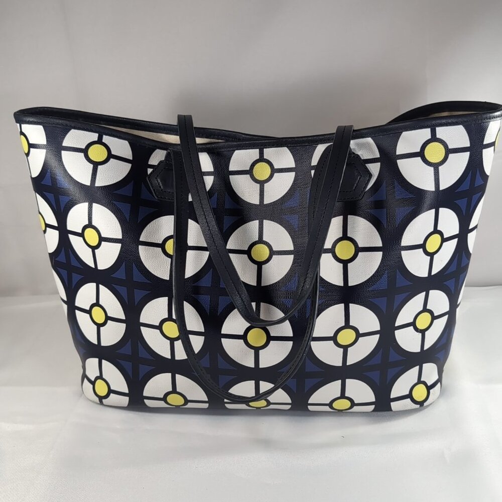 Jonathan Adler Geometric Tote Bag Leather Blue White Yellow Large Shoulder Purse